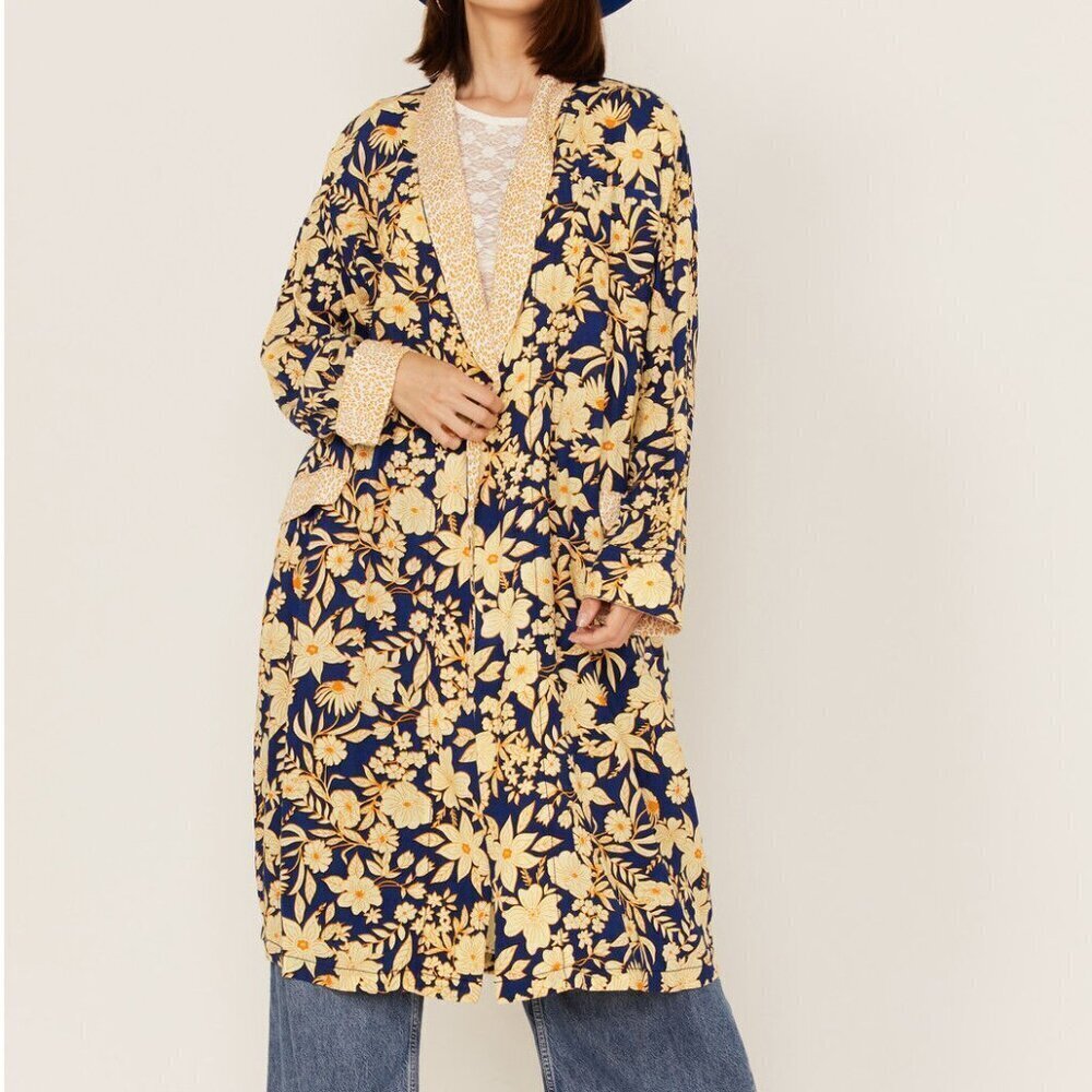 Free People Wild Nights Kimono Duster Open Front Long Sleeve Floral Blue Large